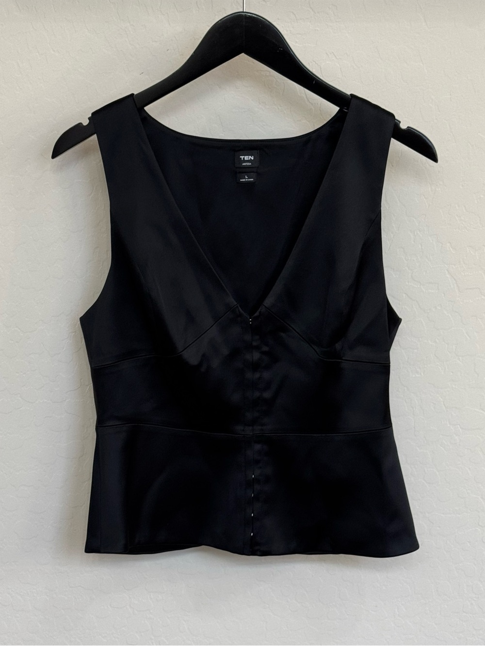 Aritzia TEN Canapé Satin Top Black L Peplum Corset V-Neck Hook Eye Top